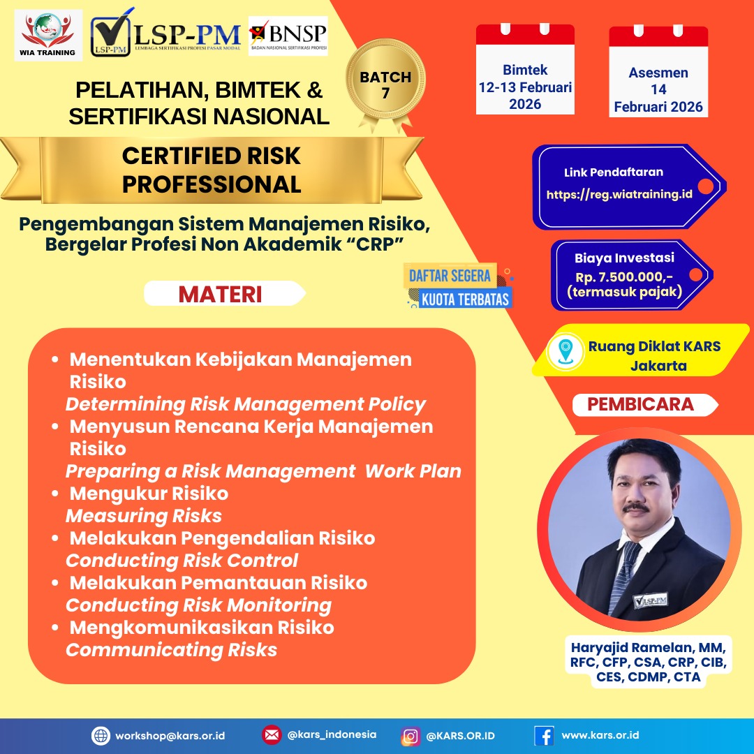 Pelatihan, Bimtek dan Sertifikasi Nasional Bidang Manajemen Risiko Bergelar Certified Risk Professional (CRP) - Batch 7